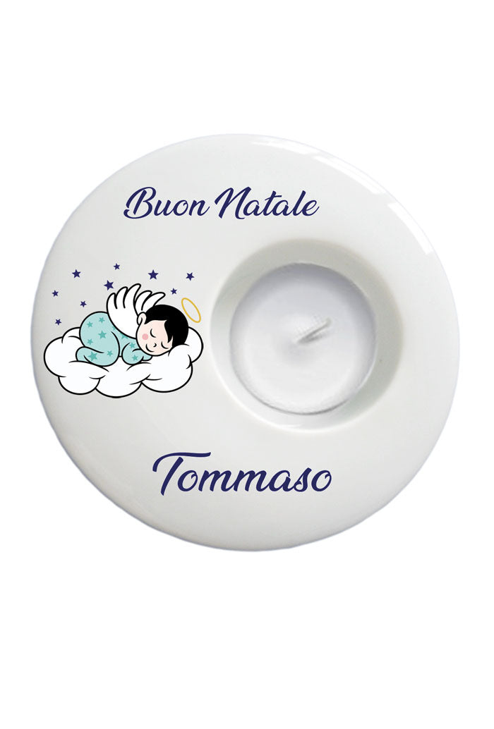 Portacandela tondo in porcellana bianca da personalizzare. Diametro 9 cm