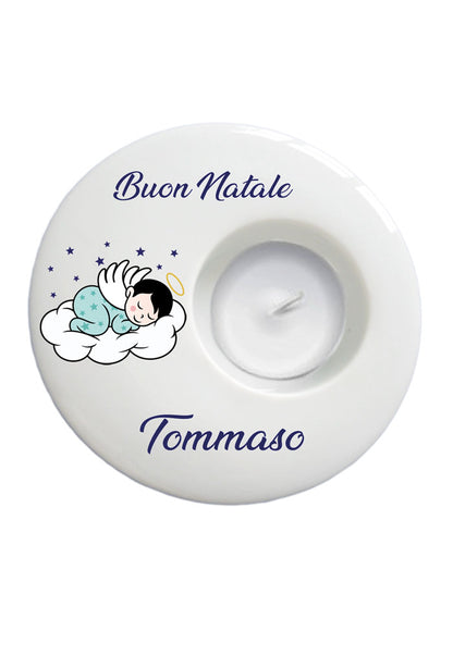 Portacandela tondo in porcellana bianca da personalizzare. Diametro 9 cm