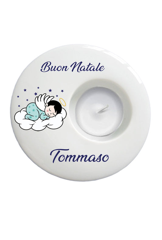 Portacandela tondo in porcellana bianca da personalizzare. Diametro 9 cm