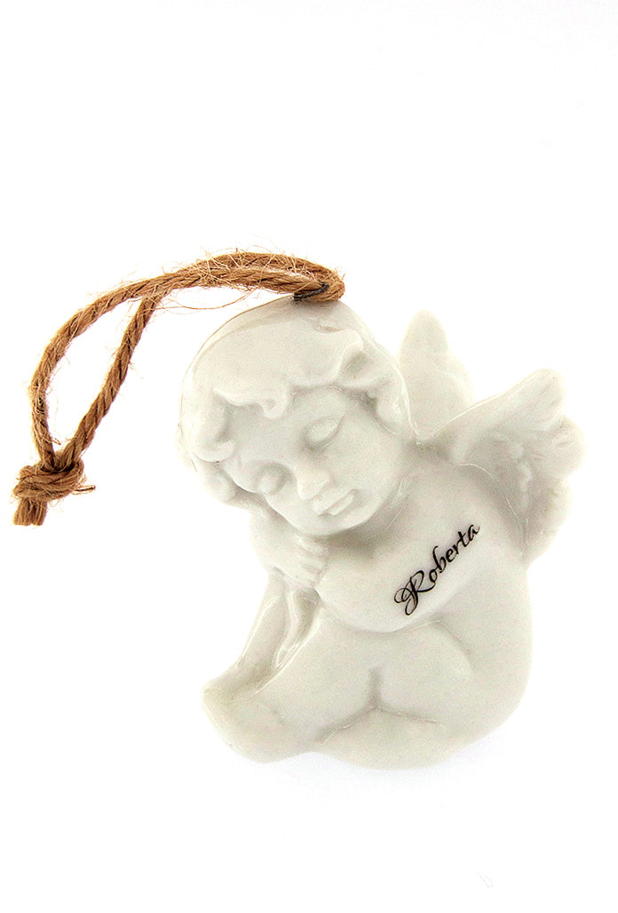 Angelo seduto in porcellana bianca da personalizzare. Altezza 5 cm