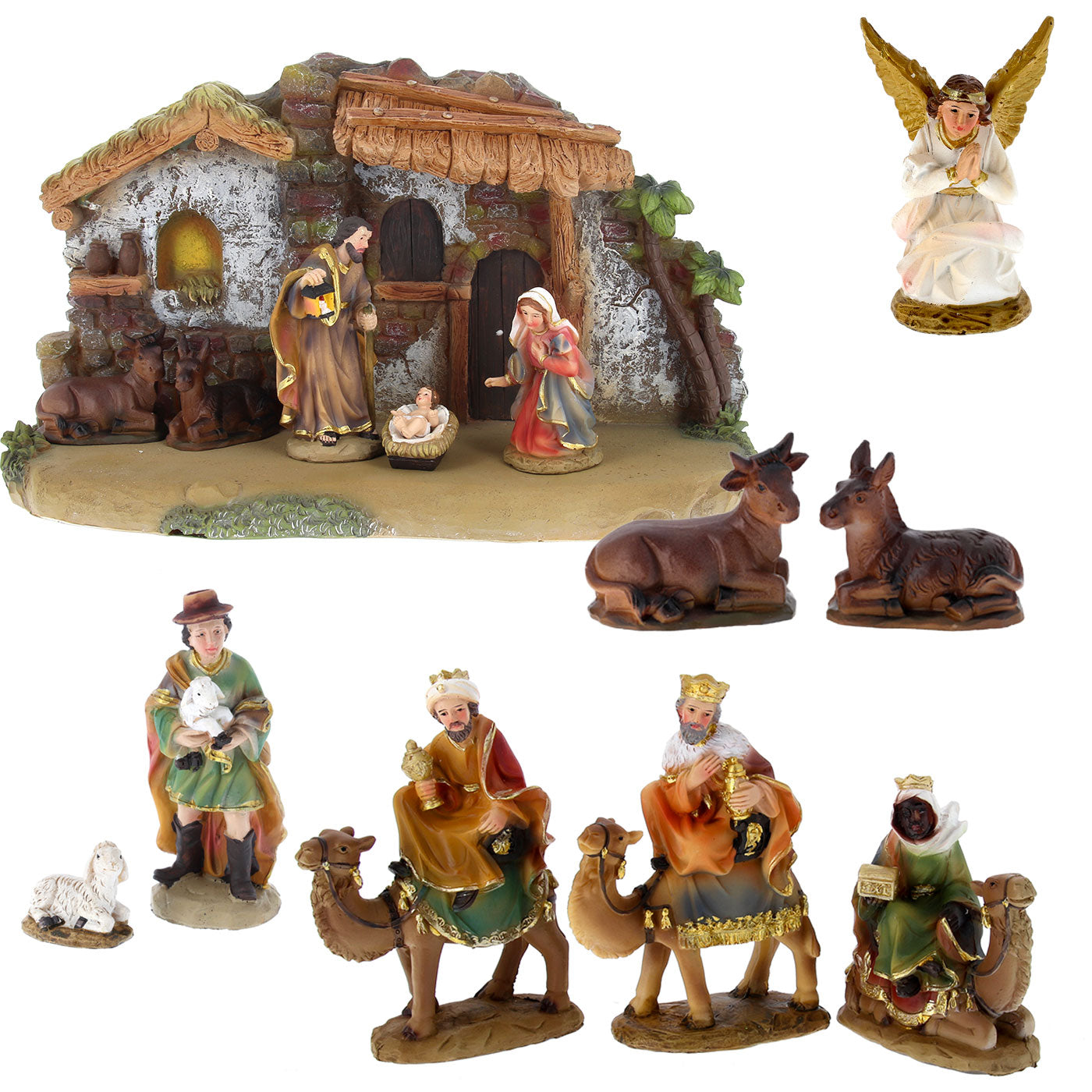 Set Presepe composto da 11 soggetti con capanna. Dimensioni 20x34 cm