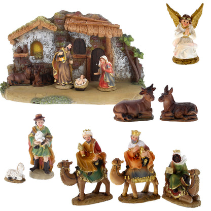 Set Presepe composto da 11 soggetti con capanna. Dimensioni 20x34 cm