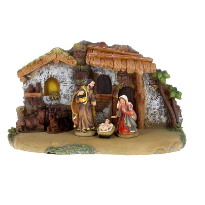 Set Presepe composto da 11 soggetti con capanna. Dimensioni 20x34 cm