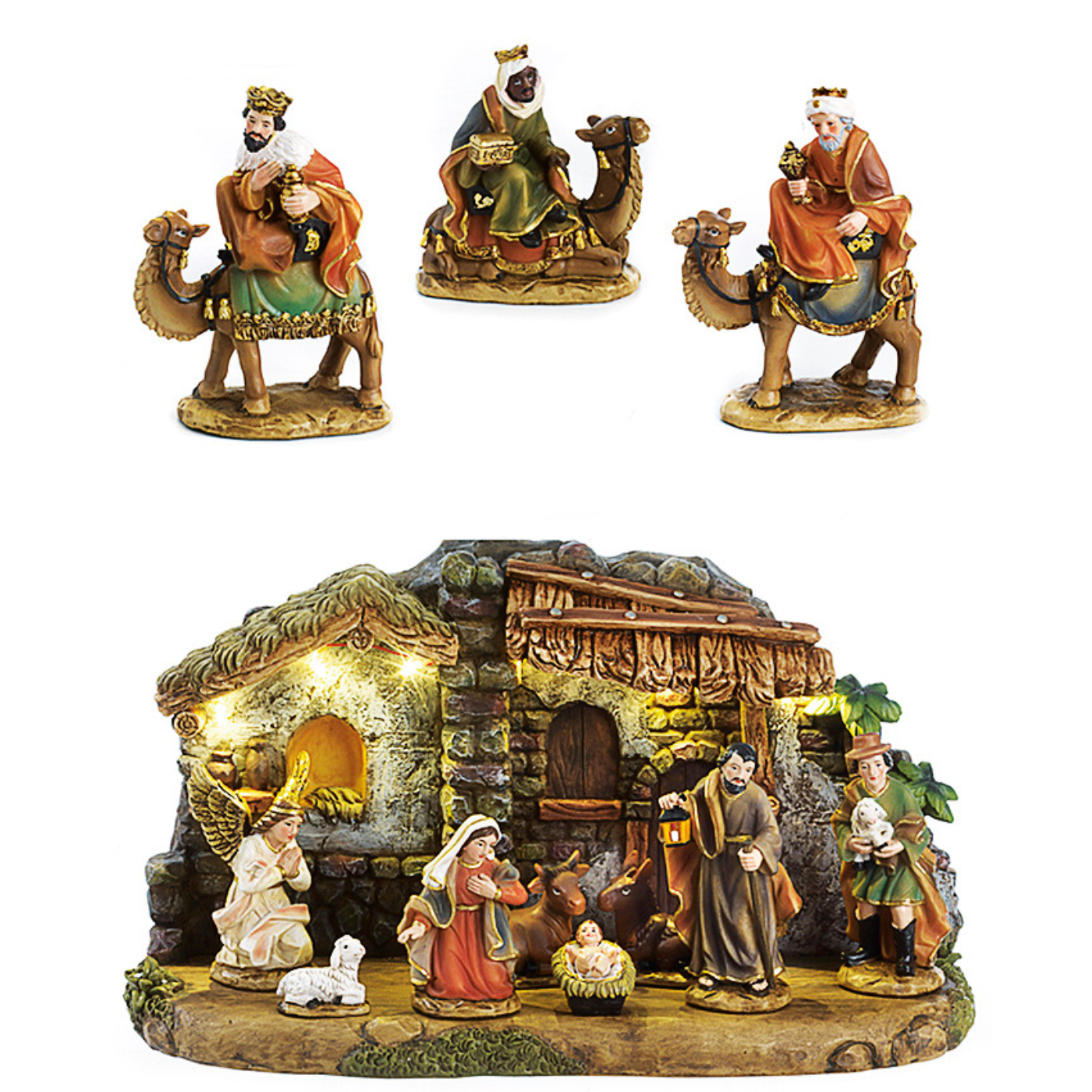 Set Presepe composto da 11 soggetti con capanna. Dimensioni 20x34 cm