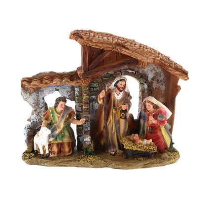 Presepe in resina con capanna e luci. Dimensioni 19x23.5 cm