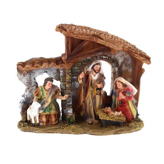 Presepe in resina con capanna e luci. Dimensioni 19x23.5 cm