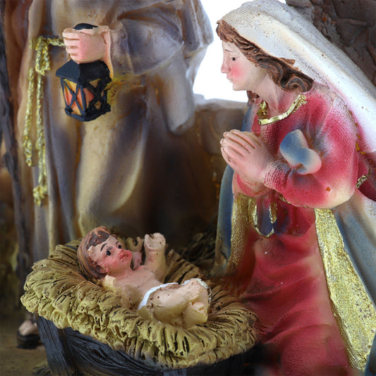 Presepe in resina con capanna e luci. Dimensioni 19x23.5 cm