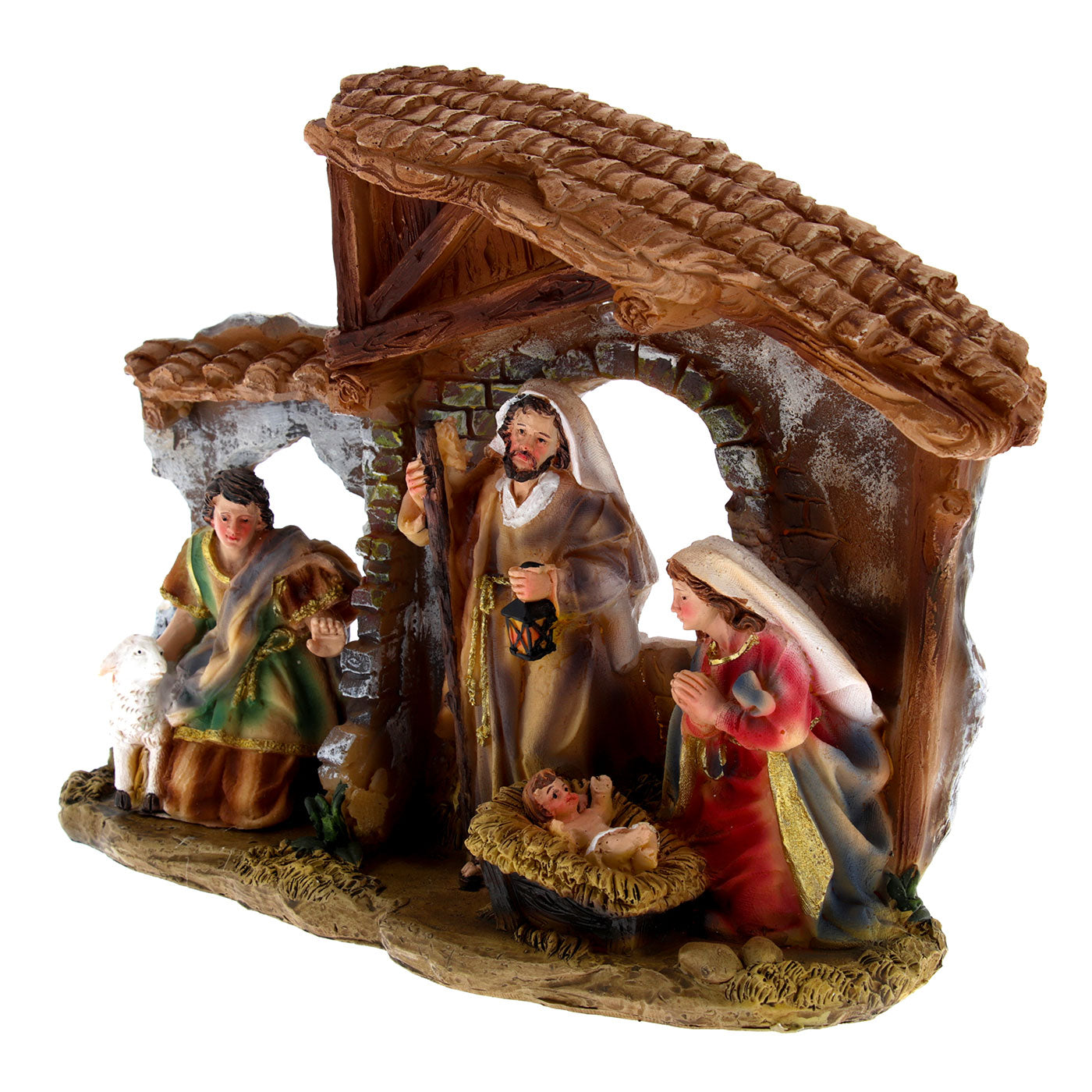 Presepe in resina con capanna e luci. Dimensioni 19x23.5 cm