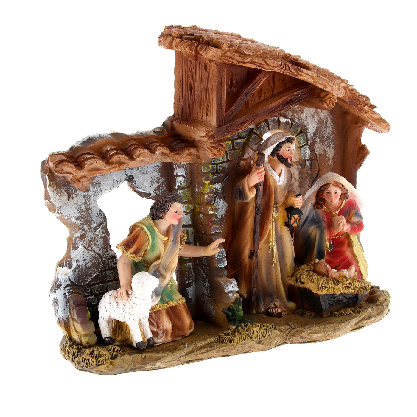Presepe in resina con capanna e luci. Dimensioni 19x23.5 cm