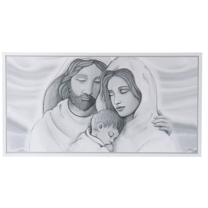 Quadro Sacra Famiglia con decorazioni argentate in rilievo. Dimensioni 80x43 cm