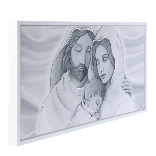 Quadro Sacra Famiglia con decorazioni argentate in rilievo. Dimensioni 80x43 cm