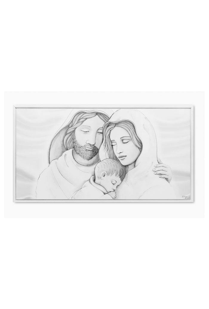 Quadro Sacra Famiglia con decorazioni argentate in rilievo. Dimensioni 115x57 cm