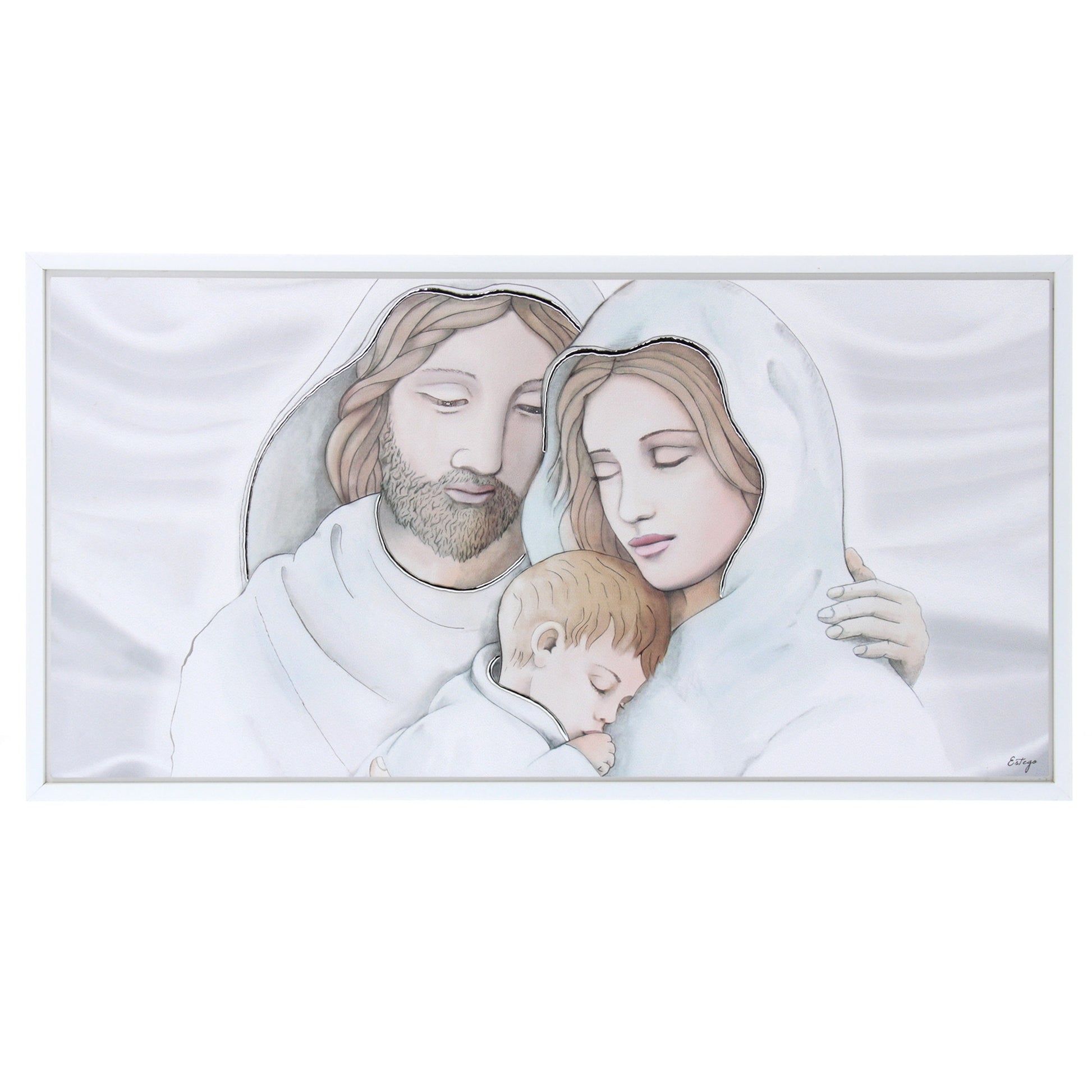 Quadro Sacra Famiglia con decorazioni argentate in rilievo. Dimensioni 115x57 cm