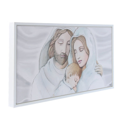 Quadro Sacra Famiglia con decorazioni argentate in rilievo. Dimensioni 115x57 cm