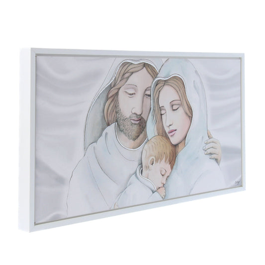 Quadro Sacra Famiglia con decorazioni argentate in rilievo. Dimensioni 63x33 cm