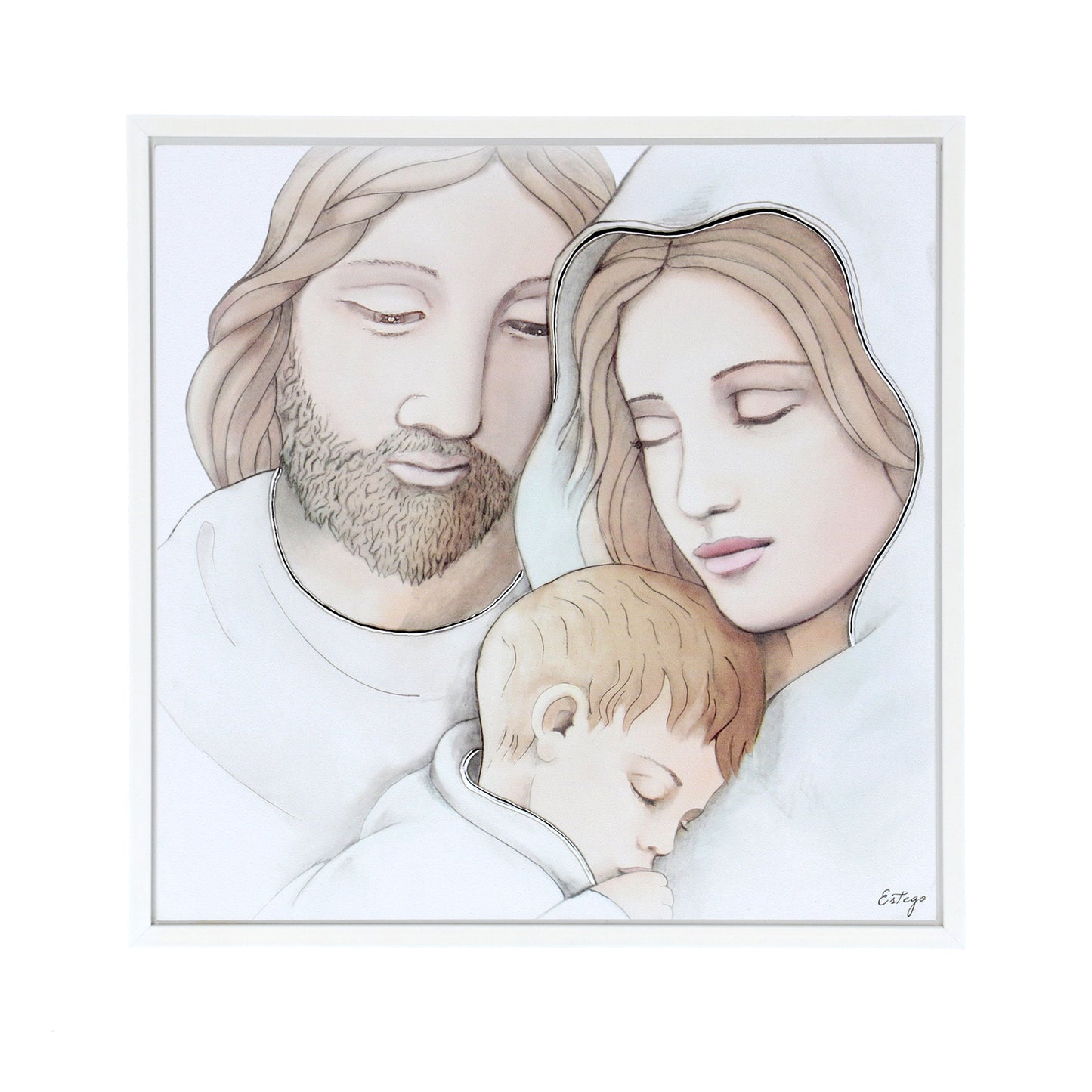 Quadro Sacra Famiglia con decorazioni argentate in rilievo. Dimensioni 40x40 cm