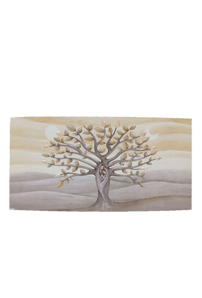 Quadro Albero della Vita e Sacra Famiglia con decorazioni in rilievo dorate. Dimensioni 50x28 cm