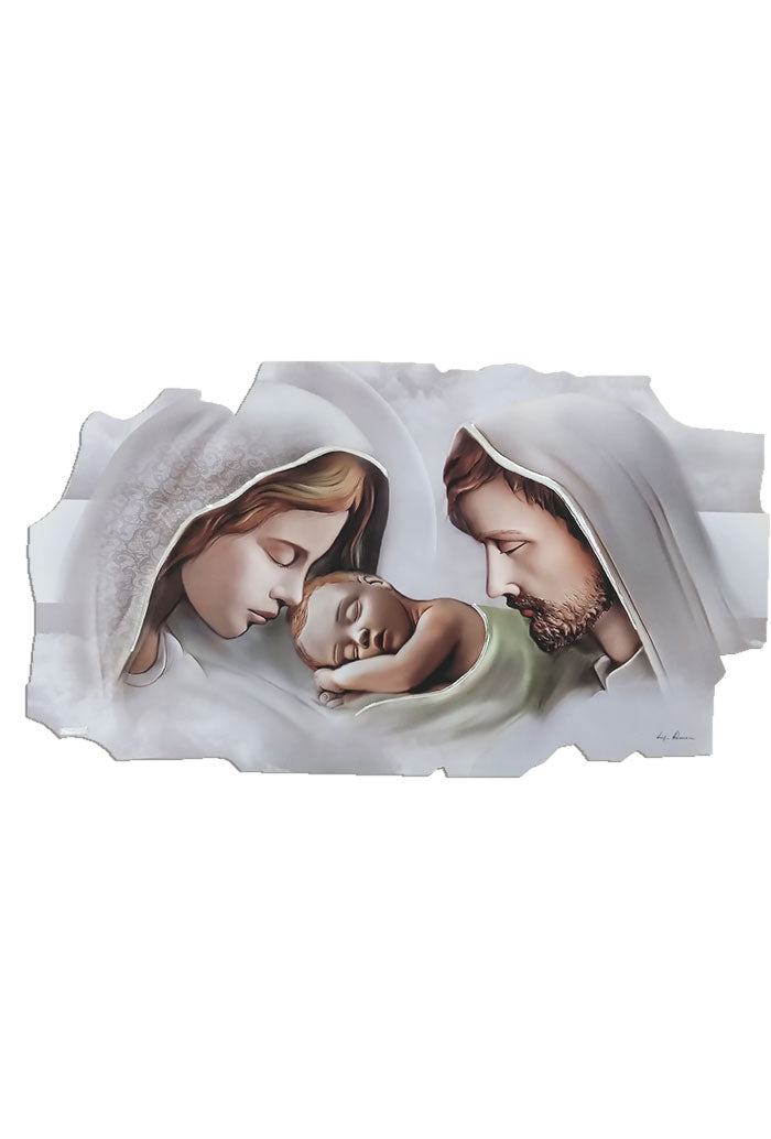 Quadro sagomato Sacra Famiglia con decorazioni argentate
in rilievo fatte a mano. Dimensioni 63x33 cm