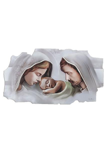 Quadro sagomato Sacra Famiglia con decorazioni argentate in rilievo. Dimensioni 100x50 cm