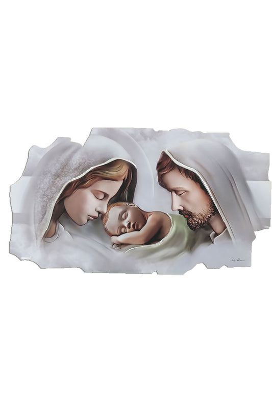 Quadro sagomato Sacra Famiglia con decorazioni argentate in rilievo. Dimensioni 100x50 cm
