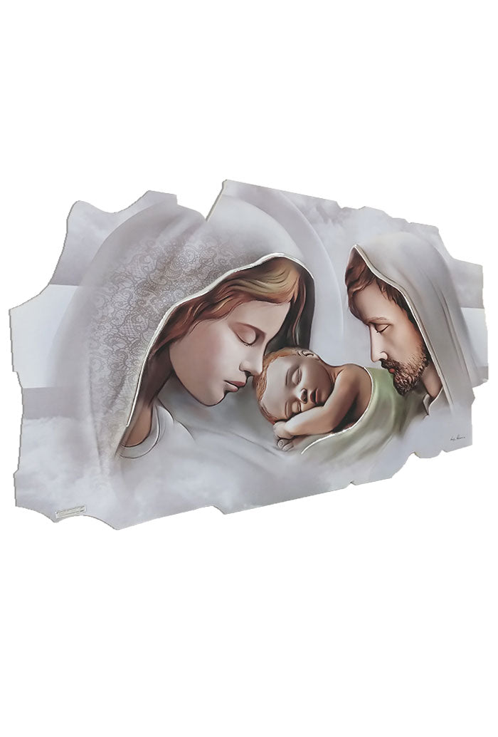 Quadro sagomato Sacra Famiglia con decorazioni argentate in rilievo. Dimensioni 100x50 cm