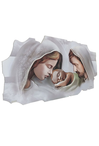 Quadro sagomato Sacra Famiglia con decorazioni argentate in rilievo. Dimensioni 100x50 cm