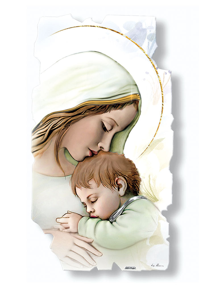 Quadro sagomato Madonna con Bambino con decorazioni in rilievo. Dimensioni 33x63 cm