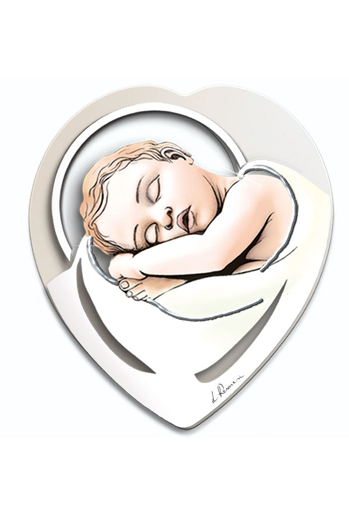 Quadro sagomato Gesù Bambino con immagine in rilievo e decorazioni argentate. Dimensioni 30x35 cm