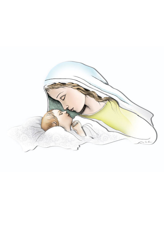 Quadro Madonna con Bambino con decorazioni in rilievo argentate dimensioni 80x42 cm