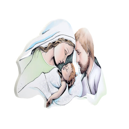 Quadro immagine sagomata Sacra Famiglia con decorazioni in rilievo argentate. Dimensioni 50x29 cm