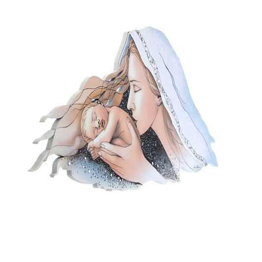Quadro Madonna con Bambino con decorazioni in rilievo argentate. Dimensioni 50x29 cm