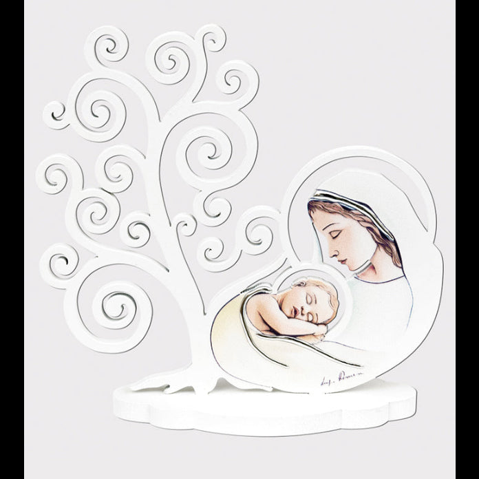 Quadro su base Albero della vita e Madonna con Bambino con decorazioni argentate. Dimensioni 14x10 cm