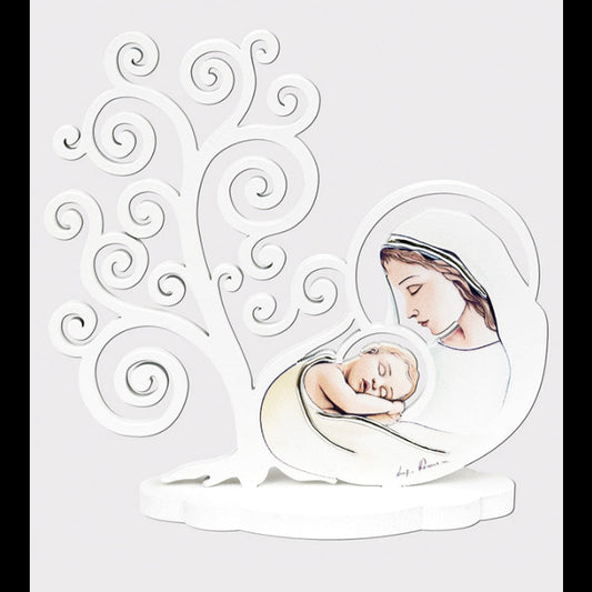 Quadro su base Albero della vita e Madonna con Bambino con decorazioni argentate. Dimensioni 14x10 cm