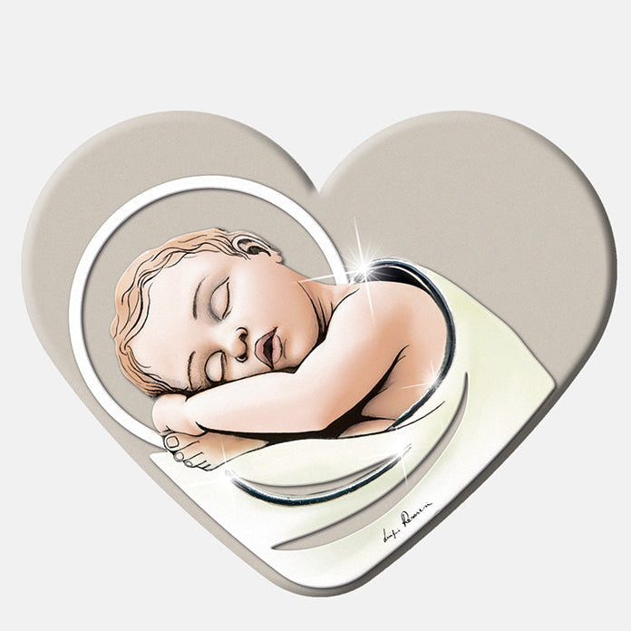 Quadro cuore Gesù Bambino con decorazioni in rilievo argentate. Dimensioni 16x10 cm