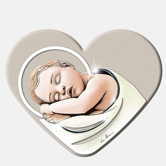 Quadro cuore Gesù Bambino con decorazioni in rilievo argentate. Dimensioni 16x10 cm