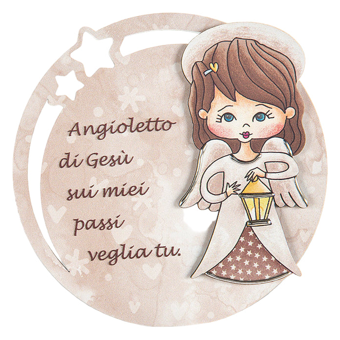 Quadro bimba Angioletto di Gesù con decorazioni in rilievo argentate. Diametro 12 cm