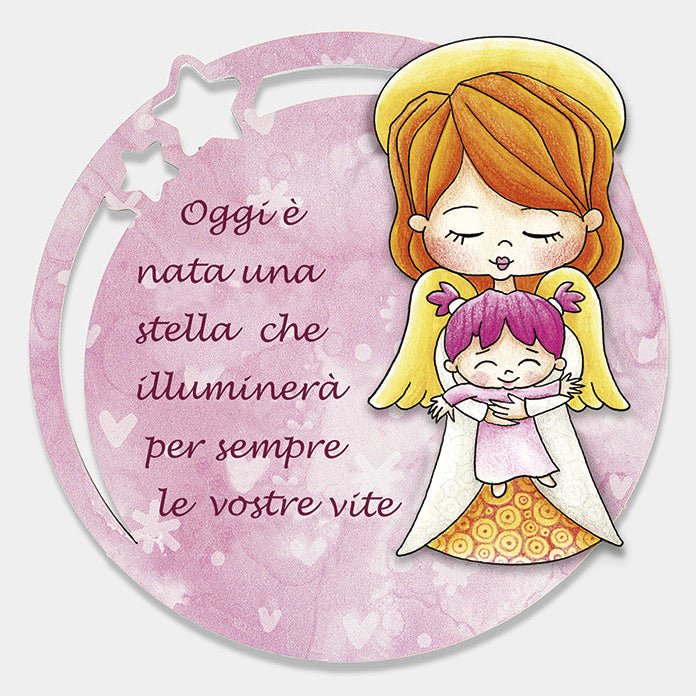 Quadro rosa Angelo bimba con decorazioni in rilievo argentate. Diametro 12 cm