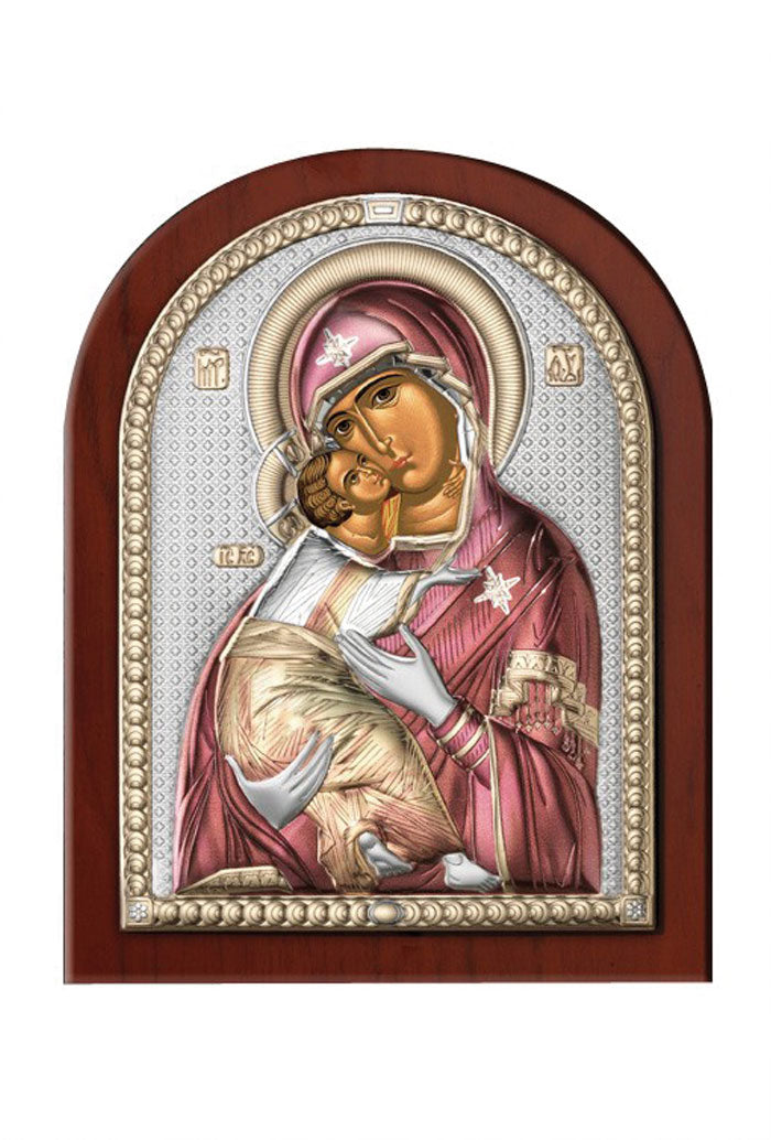 Icona Madre della Tenerezza su legno, in argento. Dimensioni 17,5x22,5 cm