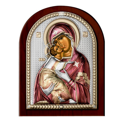 Icona Madre della Tenerezza su legno, in argento. Dimensioni 17,5x22,5 cm