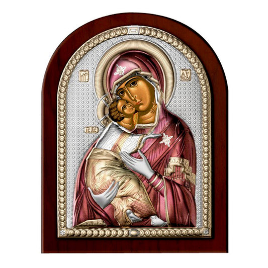 Icona Madre della Tenerezza su legno, in argento. Dimensioni 17,5x22,5 cm