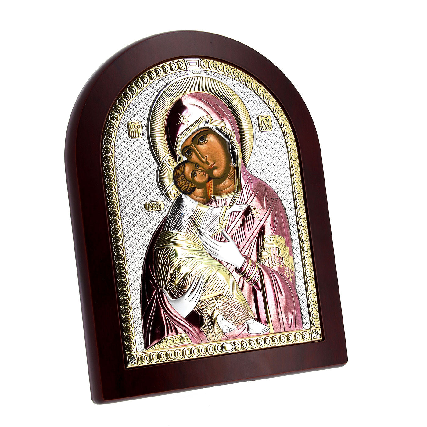 Icona Madre della Tenerezza su legno, in argento. Dimensioni 17,5x22,5 cm