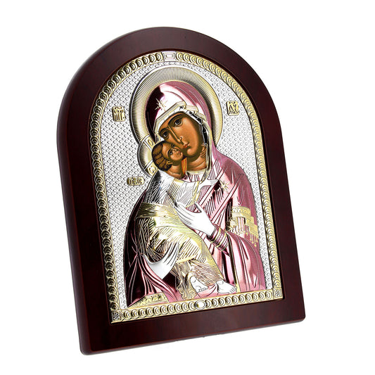 Icona Madre della Tenerezza su legno, in argento. Dimensioni 17,5x22,5 cm