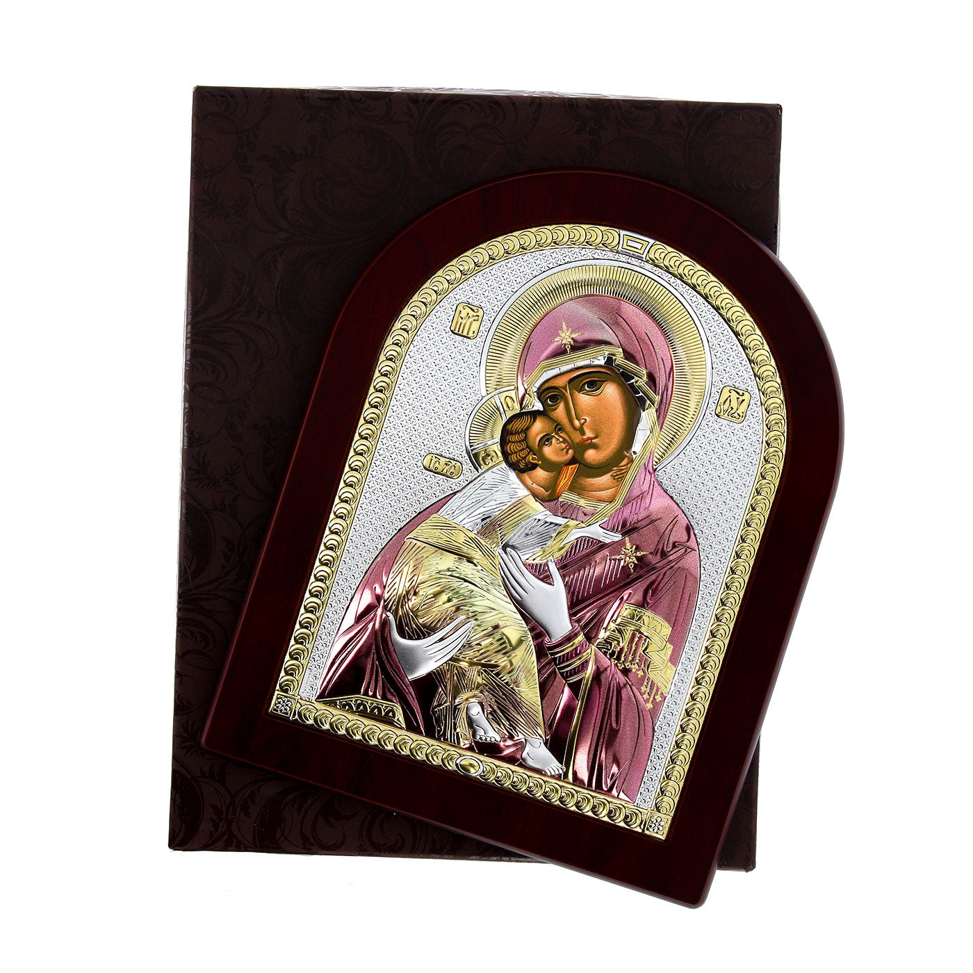 Icona Madre della Tenerezza su legno, in argento. Dimensioni 17,5x22,5 cm