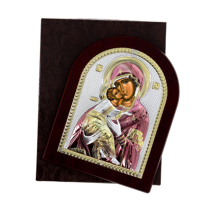 Icona Madre della Tenerezza su legno, in argento. Dimensioni 17,5x22,5 cm