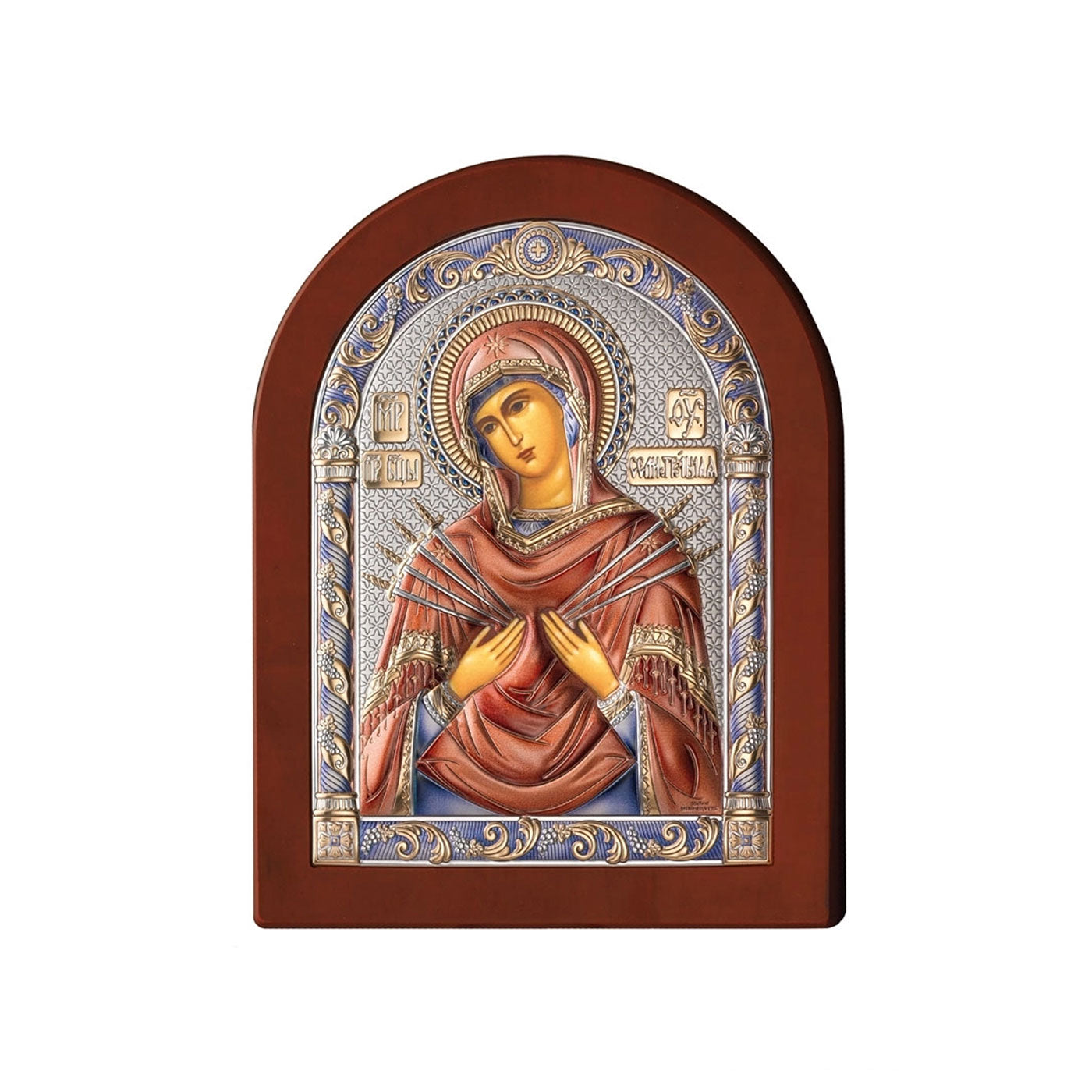 Icona Madonna 7 spade su legno, in argento. Dimensioni 6x8,5 cm