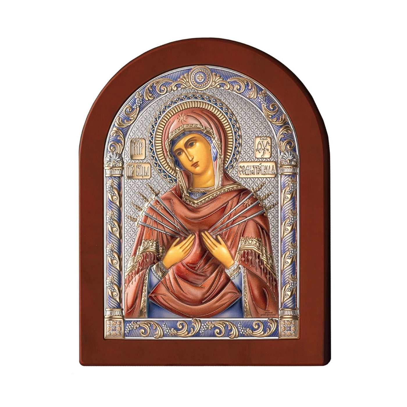 Icona Madonna 7 spade su legno, in argento. Dimensioni 12x16 cm