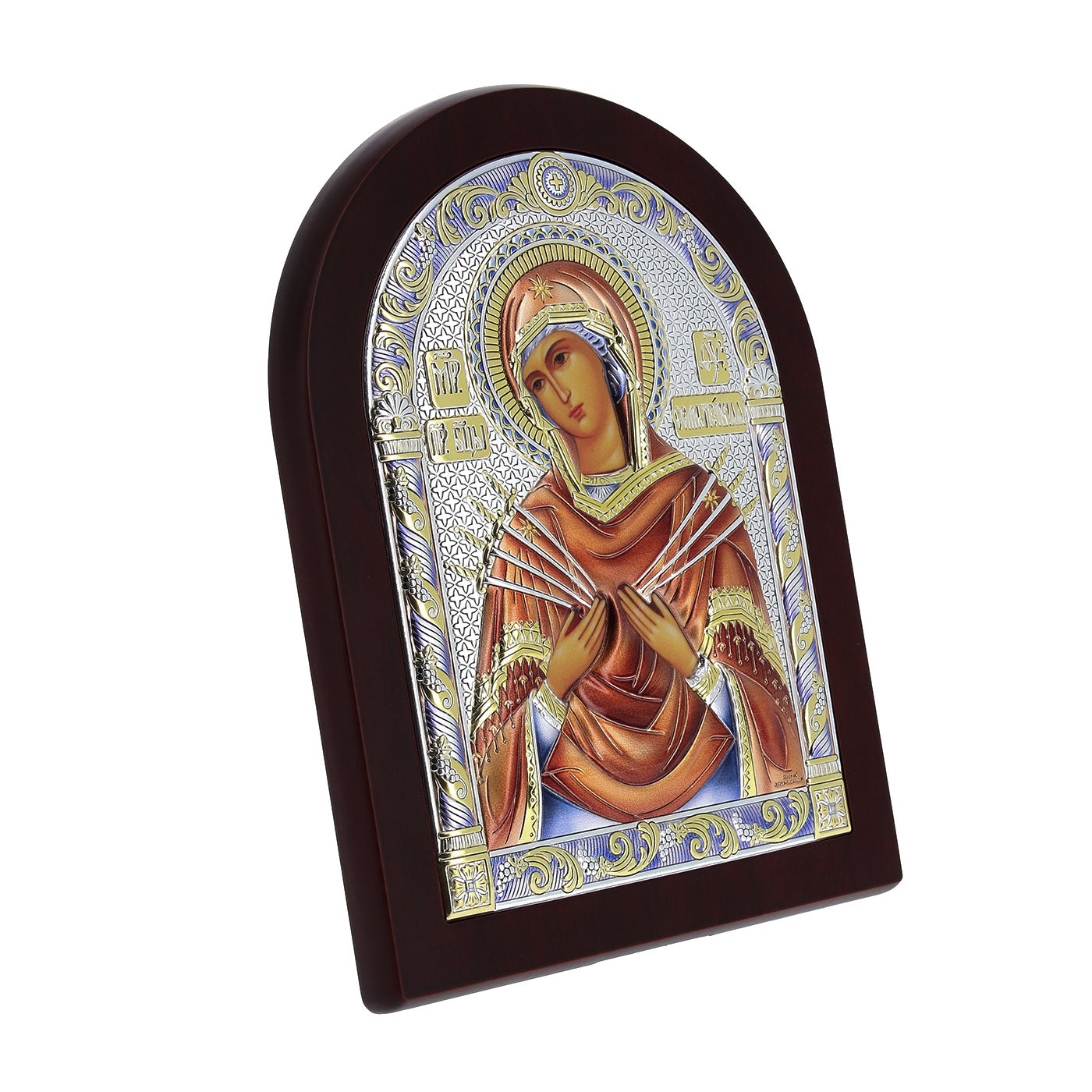 Icona Madonna 7 spade su legno, in argento. Dimensioni 6x8,5 cm