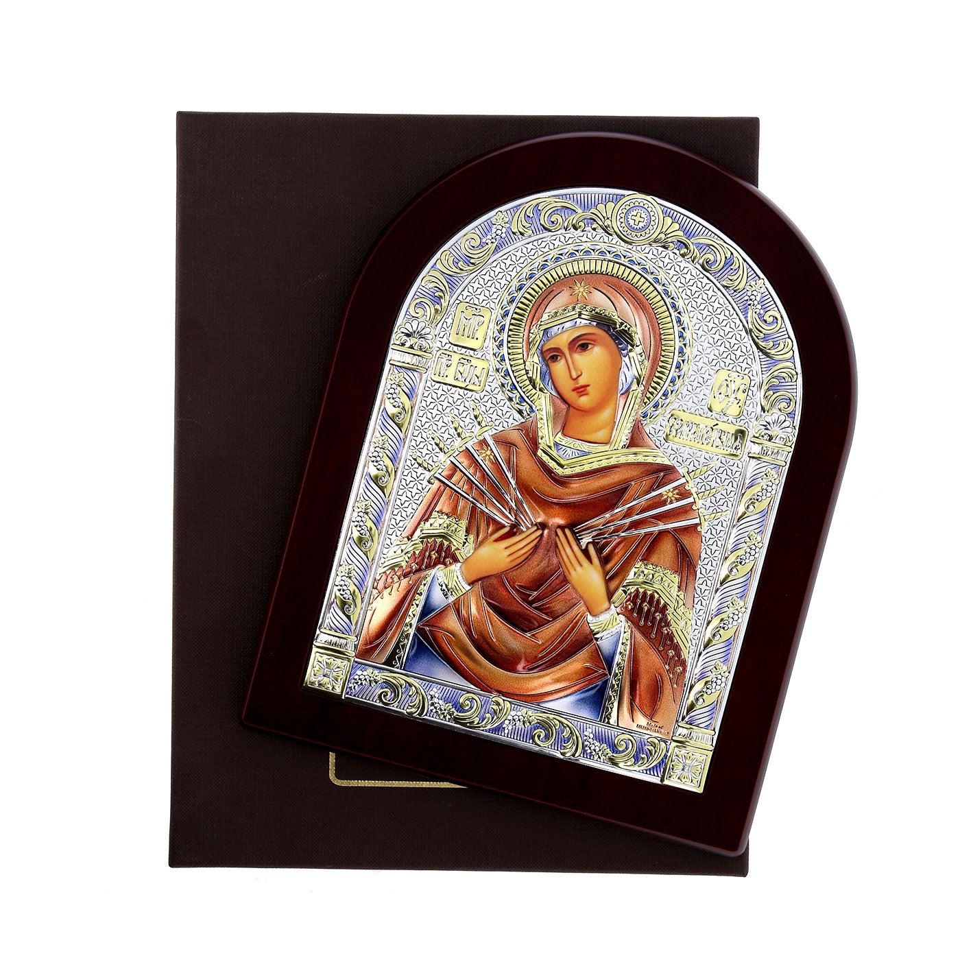 Icona Madonna 7 spade su legno, in argento. Dimensioni 12x16 cm