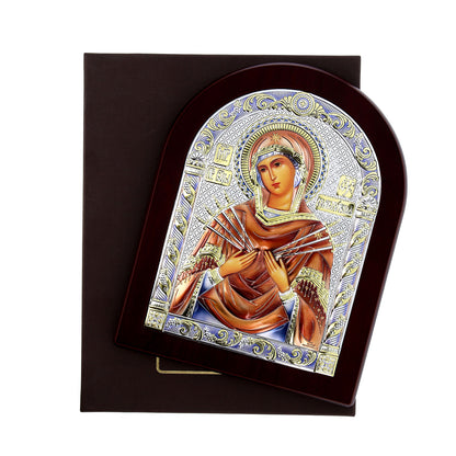 Icona Madonna 7 spade su legno, in argento. Dimensioni 12x16 cm