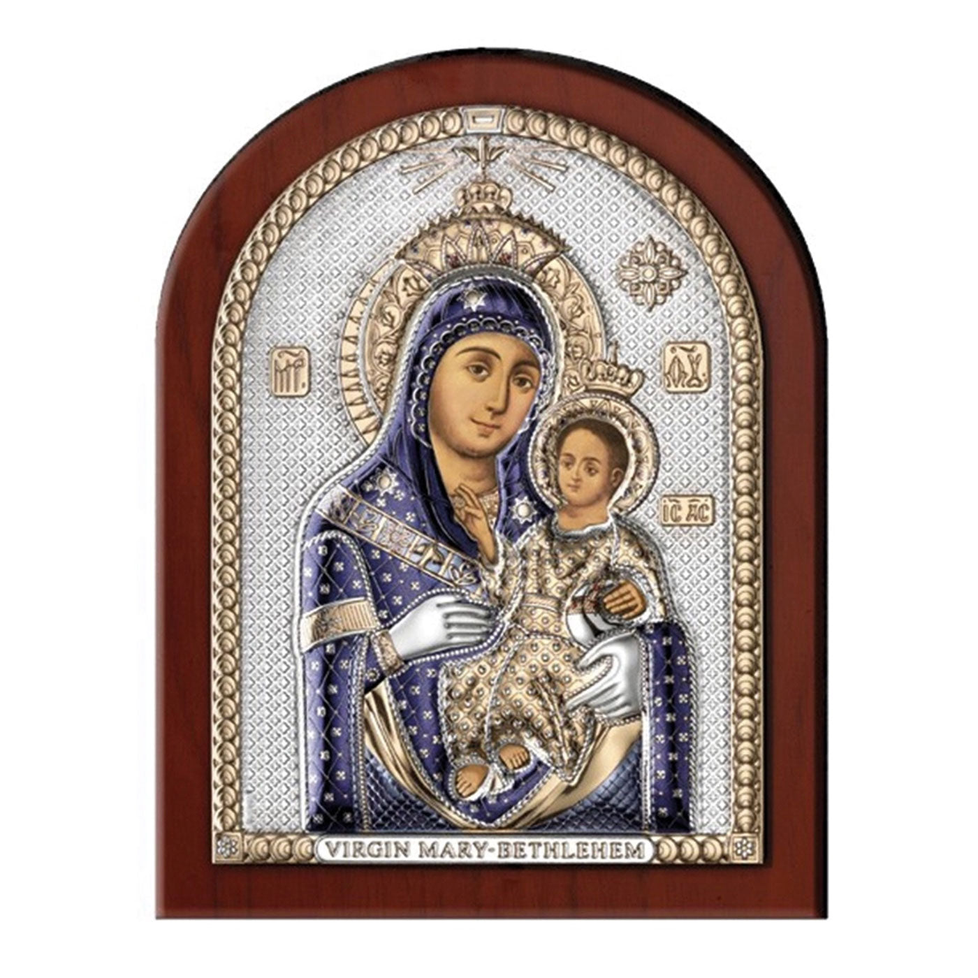 Icona Vergine Maria di Betlemme, in argento. Dimensioni 17,5x22,5 cm
